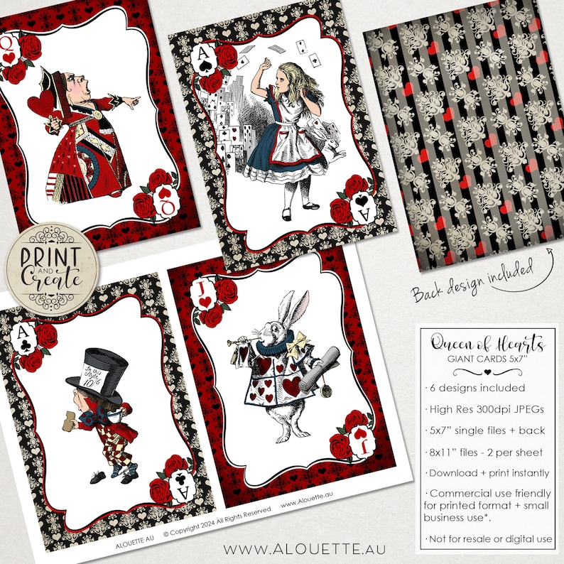 Pode incluir: Seis cartas de jogar gigantes imprim&iacute;veis de 13 x 18 cm com personagens de Alice no Pa&iacute;s das Maravilhas. As cartas incluem a Rainha de Copas, Alice, o Chapeleiro Louco e o Coelho Branco. As cartas t&ecirc;m um fundo vermelho e preto com rosas e uma borda com padr&atilde;o preto e branco.