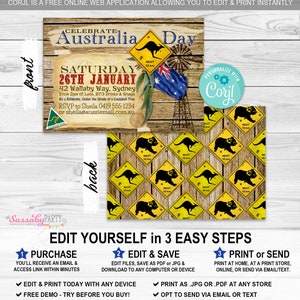 Australia Day Invitation, Party Invite, Edit Text, Editable, Koala, Kangaroo, Australia Bday, Aussie Party, True Blue, Outback, BBQ, Instant Download, Printable, Print Yourself,