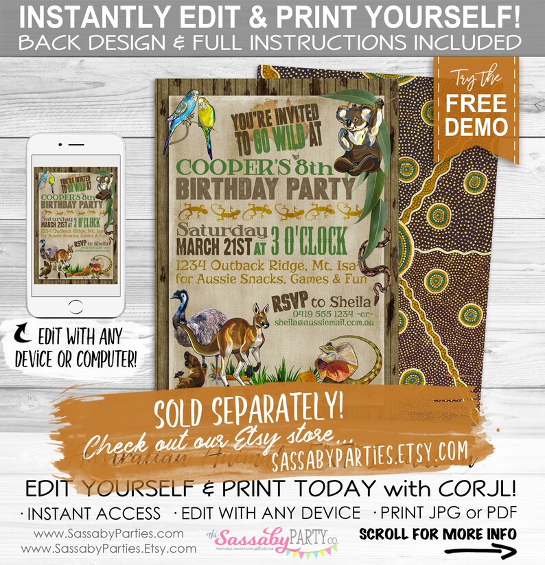 Australian Animals Party Sign Poster INSTANT Download Editable & Printable Birthday Decorations, Decor, Kangaroo, Koala, Lizard, Decor image 4