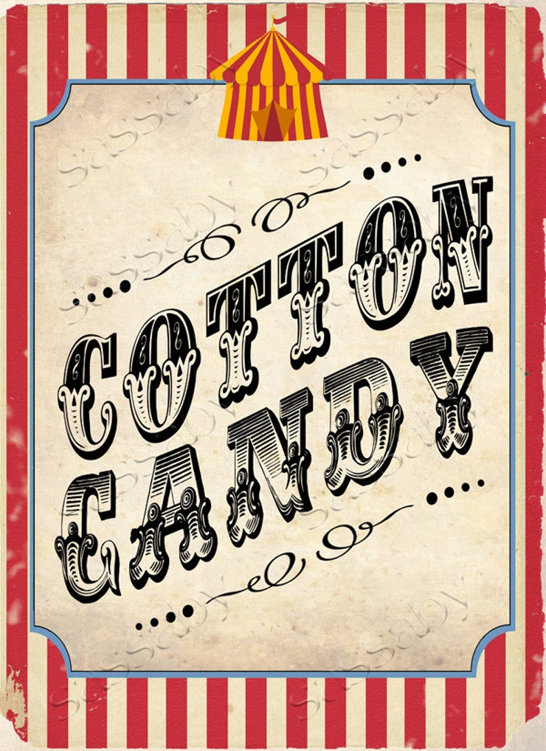 Cotton Candy Sign, Circus Game Sideshow Alley Poster, Big Top Signs, Photo Booth, Circus, Ring Toss, Prizes, Tickets, Popcorn, Stripes, Instant Download, Printable, Print Yourself, 30 Included, The Greatest Show On Earth