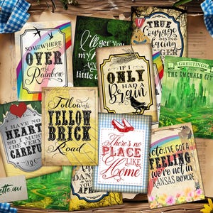 Może przedstawiać: Kolekcja wydruków artystycznych w stylu vintage z cytatami i obrazami z Czarnoksiężnika z Oz. Wydruki zawierają frazy takie jak "Somewhere Over the Rainbow" i "Follow the Yellow Brick Road", z ilustracjami Szmaragdowego Miasta i czerwonych pantofli.