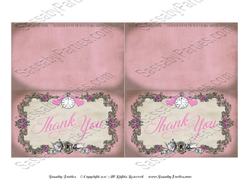 Alice in Wonderland Thank you Cards Thankyou Card Tea Party Gift INSTANT DOWNLOAD Pastel Pink DIY Printable Birthday Decorations