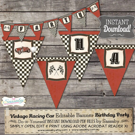 Vintage Racing Car Party Banner Instant Download Editable Etsy