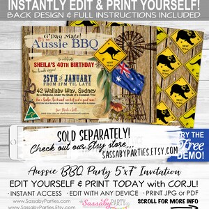 Puede incluir: Una invitaci&oacute;n imprimible de 12,7 x 17,8 cm para una fiesta de barbacoa australiana. La invitaci&oacute;n presenta un fondo de madera r&uacute;stico con iconos australianos como un koala, un kookaburra y un molino de viento. El texto de la invitaci&oacute;n dice "G'Day Mate! It's an Aussie BBQ to celebrate Sheila's 40th Birthday. 25th January from 2pm til late. 42 Wallaby Way, Sydney. By a Billabong. Under the shade of a Coolabah Tree. For a barbie, backyard cricket and a good yarn! BYO Eskies full of bevvies & snacks. Wear your best wife beater & thongs!"