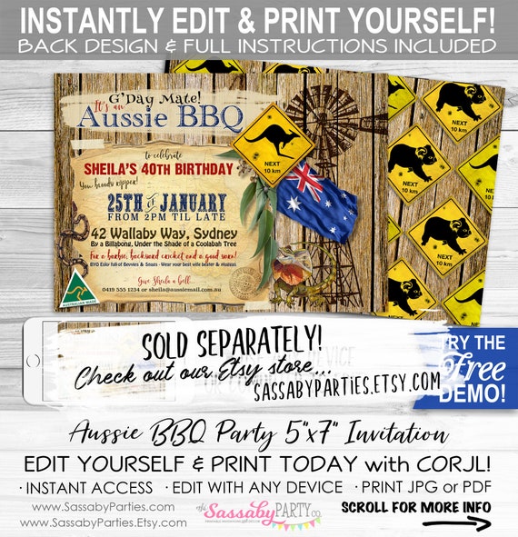 Australia Bash Party Invitation Instant Download Partially Etsy