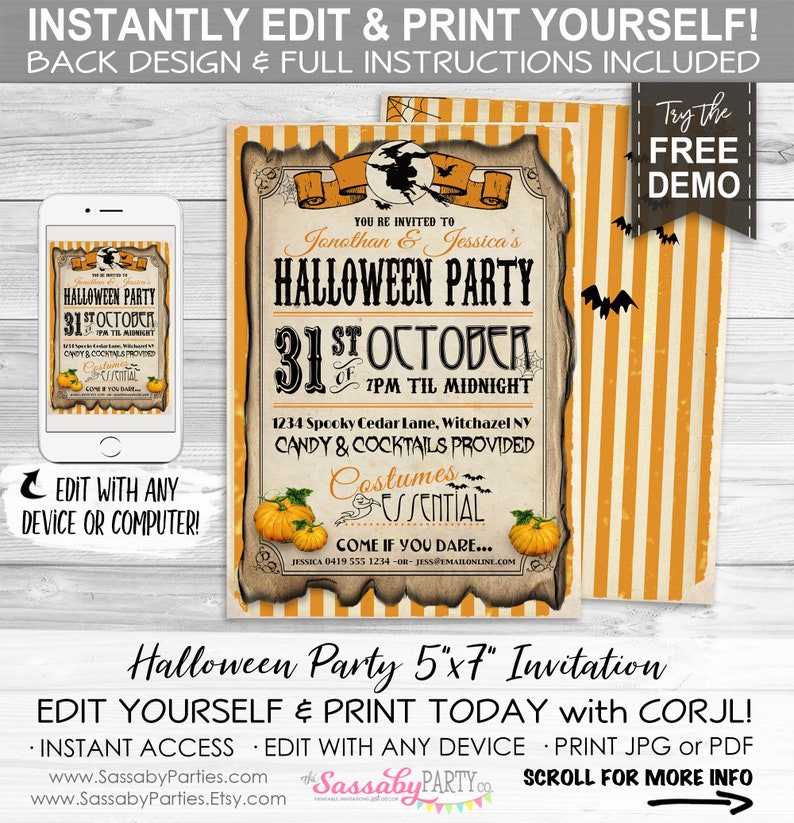 Halloween Party Invitation, Invite - INSTANT DOWNLOAD - Editable & Printable Pumpkin, Witch, Costume Party, Come if you Dare, Bats, Edit Yourself, Edit Text, Birthday, Candy, Cocktails