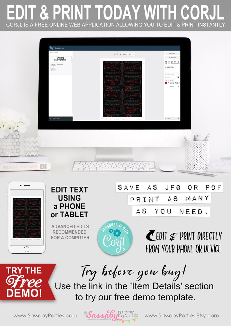 Halloween Party Labels, Vampire, Edit Online with Corjl, Twilight, Dracula, Decor, Decorations, Food Tent Cards, Haunted, Instant Download, Blood Drops, Printable, Print Yourself, Edit Text, Editable, Use Any Device