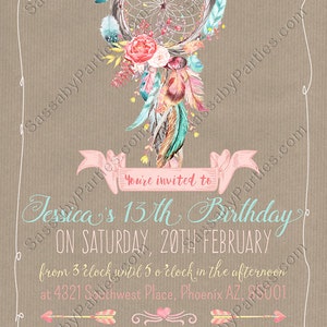 Boho, Dreamcatcher, Feathers, Pastel, Invitation, Invite, Girls, Floral, Pretty, Dreamy, Editable, Edit Text, Printable, Birthday Party, Print Yourself, Instant Download, Print At Home, Digital Files