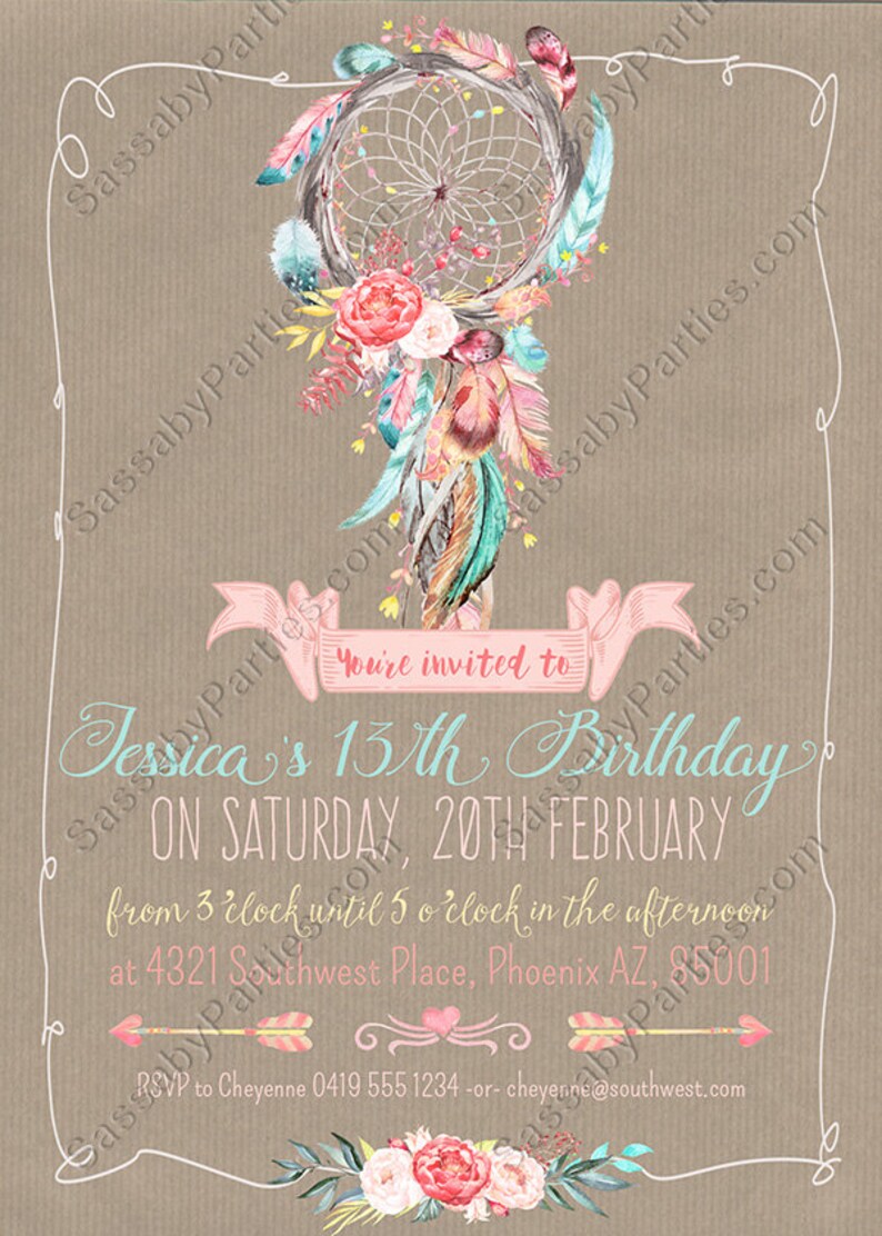 Boho, Dreamcatcher, Feathers, Pastel, Invitation, Invite, Girls, Floral, Pretty, Dreamy, Editable, Edit Text, Printable, Birthday Party, Print Yourself, Instant Download, Print At Home, Digital Files