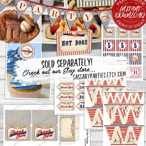 May include: Vintage baseball party printable pack with red, white, and blue color scheme. Includes pennants, cupcake toppers, thank you tags, and food labels.  Editable and printable.  Sold separately.  SassabyParties.Etsy.com