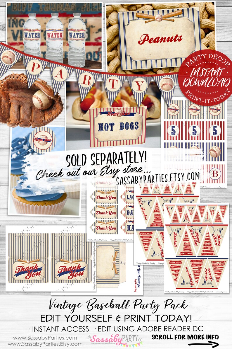 May include: Vintage baseball party printable pack with red, white, and blue color scheme. Includes pennants, cupcake toppers, thank you tags, and food labels.  Editable and printable.  Sold separately.  SassabyParties.Etsy.com