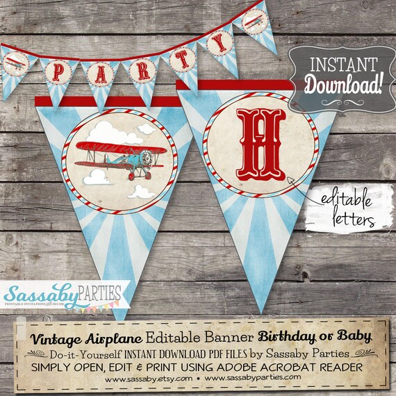 Vintage Airplane Banner Instant Download Editable Printable