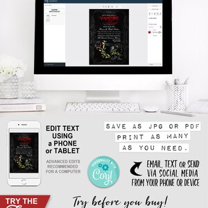 Halloween Vampire Party Invitation, Invite - INSTANT DOWNLOAD - Editable & Printable Dracula, Come if you Dare, Edit Yourself, Edit Text, Birthday,