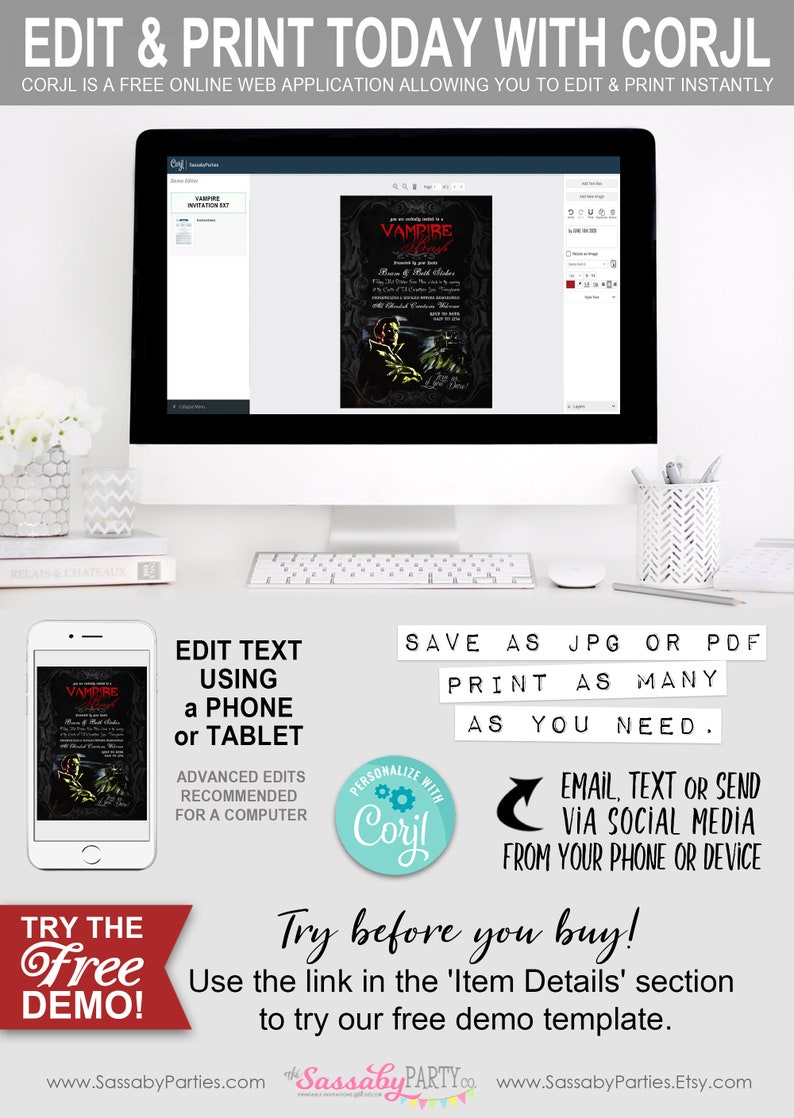 Halloween Vampire Party Invitation, Invite - INSTANT DOWNLOAD - Editable & Printable Dracula, Come if you Dare, Edit Yourself, Edit Text, Birthday,