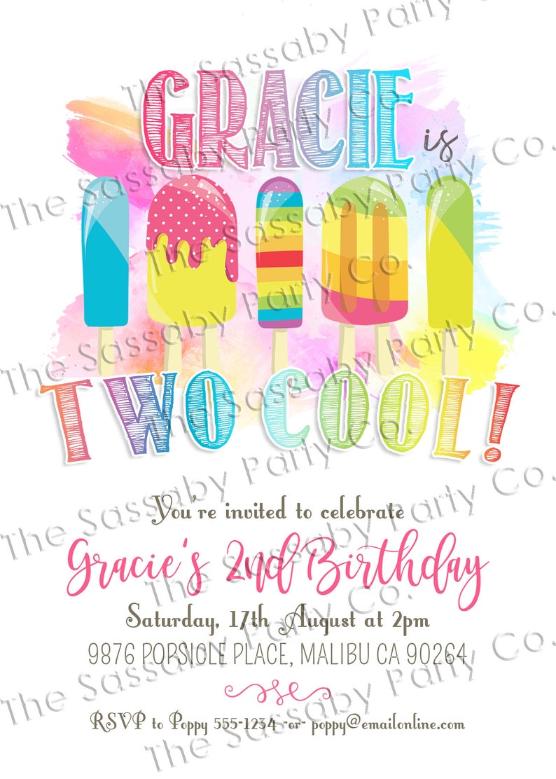 Popsicle Party Invitation, Two Cool, 2nd Birthday, Girls Invite, Summer, Ice Cream, Icy Pole, Instant Download, Printable Birthday, Pool, Swimming, Rainbow Colors, Print Yourself