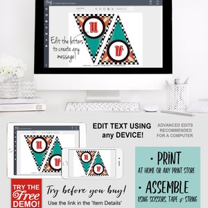 50s Garage Hot Rod Banner, Bunting, Pennant Flags, Classic Car Birthday Decor, Decorations, Create Your Message, Retro, Grease, Diner, Rockabilly, Rock n Roll, Route 66, Retirement, Printable, Print Yourself, Instant Download, Editable, Edit Text