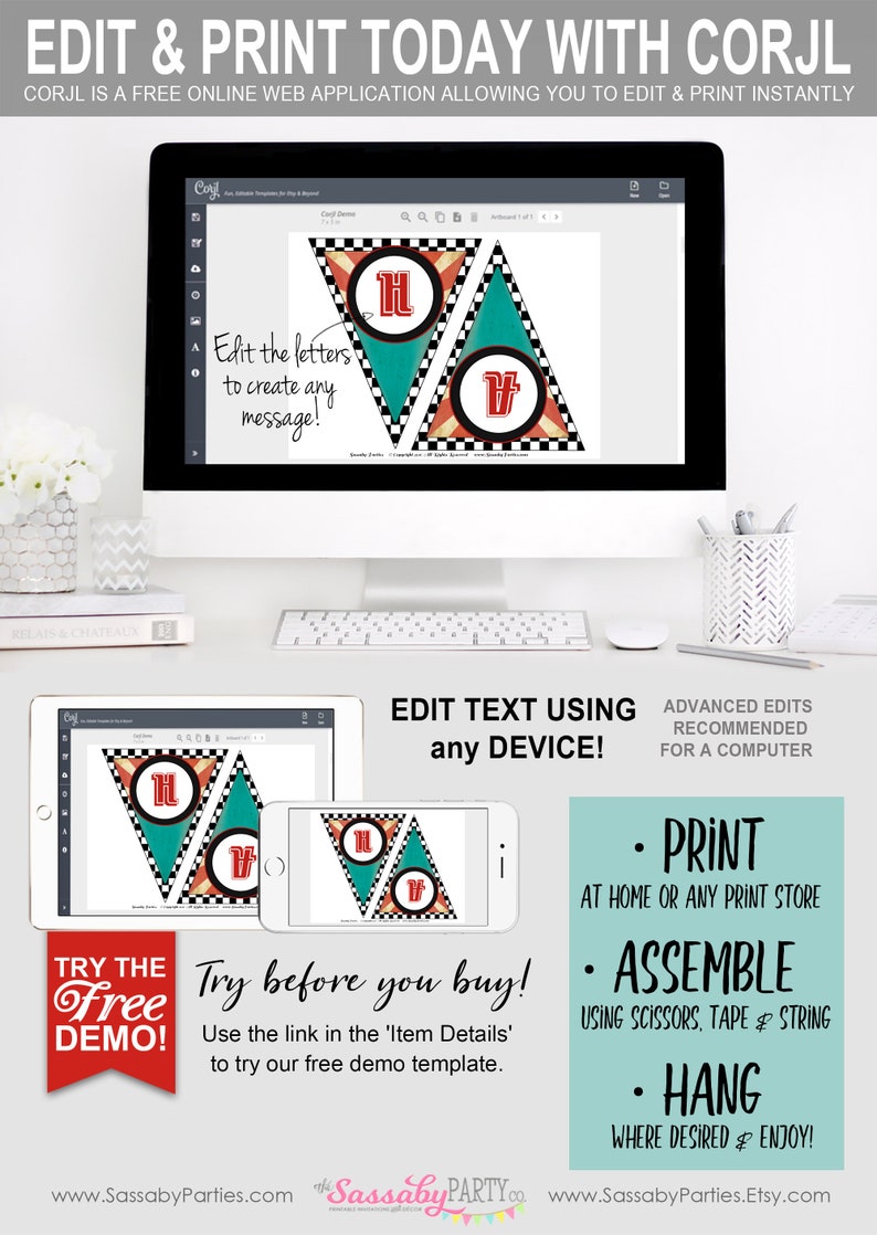 50s Garage Hot Rod Banner, Bunting, Pennant Flags, Classic Car Birthday Decor, Decorations, Create Your Message, Retro, Grease, Diner, Rockabilly, Rock n Roll, Route 66, Retirement, Printable, Print Yourself, Instant Download, Editable, Edit Text