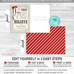Polar Express Believe Christmas Card, Bell Still Rings, Upload Photo, Picture, Instant Download, Print Yourself, Printable, Xmas, Greeting Message, Edit Text, Editable
