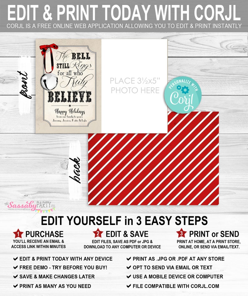 Polar Express Believe Christmas Card, Bell Still Rings, Upload Photo, Picture, Instant Download, Print Yourself, Printable, Xmas, Greeting Message, Edit Text, Editable
