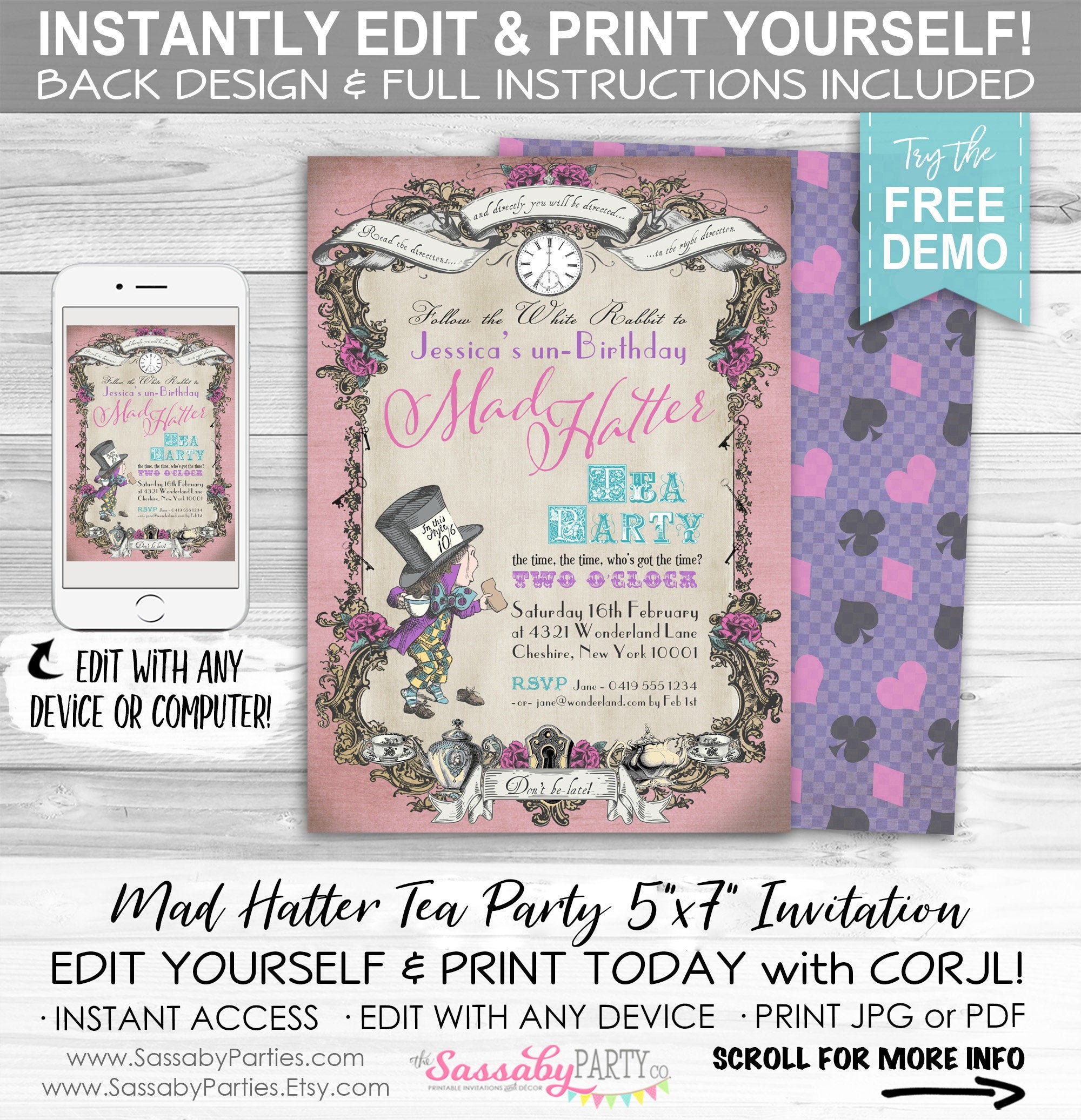 Mad Hatter Tea Party Invitation INSTANT DOWNLOAD Partially Editable Printable Birthday Invite Pink Pastel Edit Print Yourself