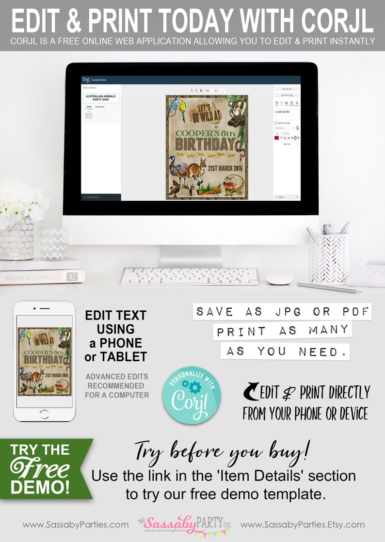 Australian Animals, Australia Party, Birthday, Welcome Sign, Poster, Koala, Kangaroo, Emu, Lizard, Outback, Lets Go Wild, Zoo, Edit Yourself, Editable, Instant Download, Printable, Print Yourself,