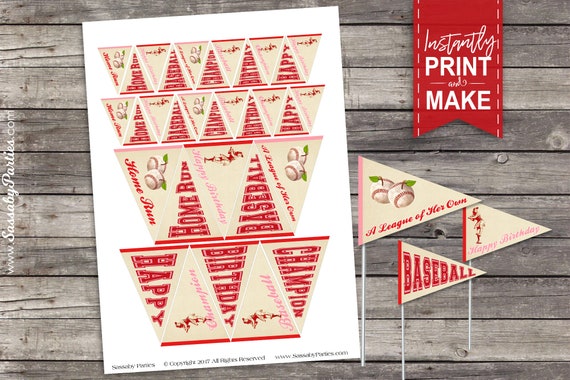 Girls Baseball BIRTHDAY Mini Pennant Flags - INSTANT DOWNLOAD - Printable Party Decoration, A League of her Own, Rockford Peaches Decor Il_570xn