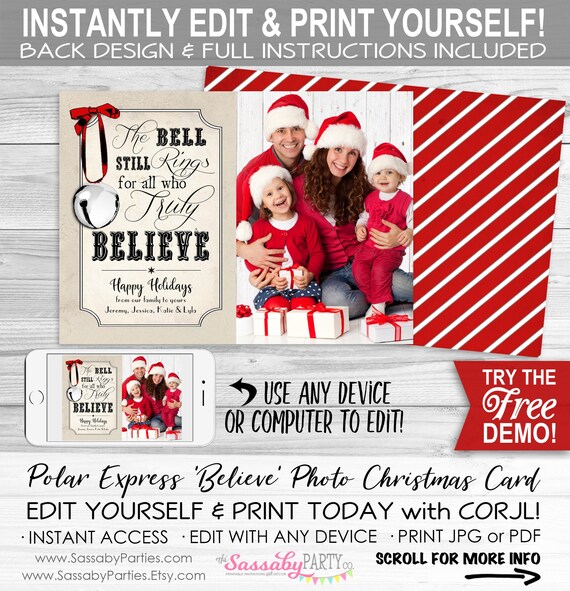Polar Express Christmas Card - INSTANT DOWNLOAD - Edit & Print, Photo, Picture, Xmas Family Portrait, Printable, Believe, Bell Still Rings Il_570xn