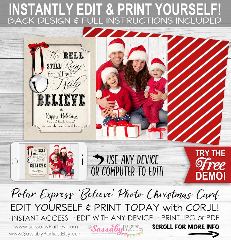 Polar Express Believe Christmas Card, Bell Still Rings, Upload Photo, Picture, Instant Download, Print Yourself, Printable, Xmas, Greeting Message, Edit Text, Editable