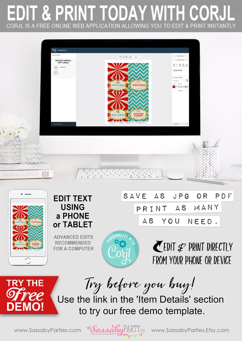 Carnival Circus Party Labels, Food, Candy, Tent Label, Birthday Party Decor, Carousel, Ferris Wheel, Decorations, Edit Yourself, Editable, Stripes, Instant Download, Printable, Print Yourself, Come One Come All