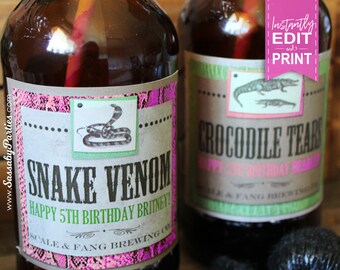 Reptile Girl Drink Bottle Labels - INSTANT DOWNLOAD - Editable & Printable Birthday Party Decorations, Decor, Snake, Crocodile, Pink