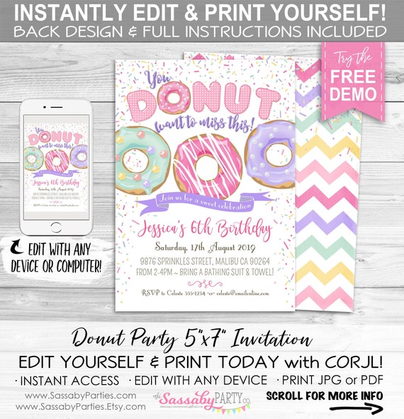 Donut Party Invitation - INSTANT DOWNLOAD - Editable &amp; Printable, Girls ...