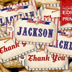 Vintage Baseball Party Tags - INSTANT DOWNLOAD - partially Editable & Printable Thank You, Gift, Baby Shower, Birthday Decorations