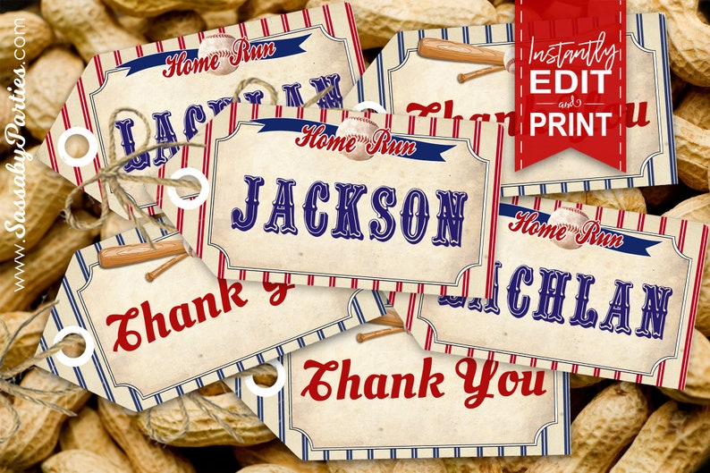 Baseball Party Tags, Favor Labels, Gift, Edit Names, Thankyou, Thank You, Editable, Play Ball, Home Run, Instant Download, Printable, Print Yourself
