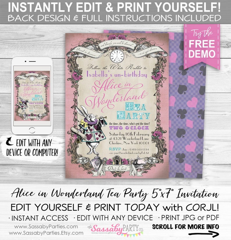 Alice in Wonderland Invitation, Pink Pastel, Invite, Tea Party, White Rabbit, Dont Be Late, Hearts, Editable, Instant Download, Printable Birthday, Print Yourself