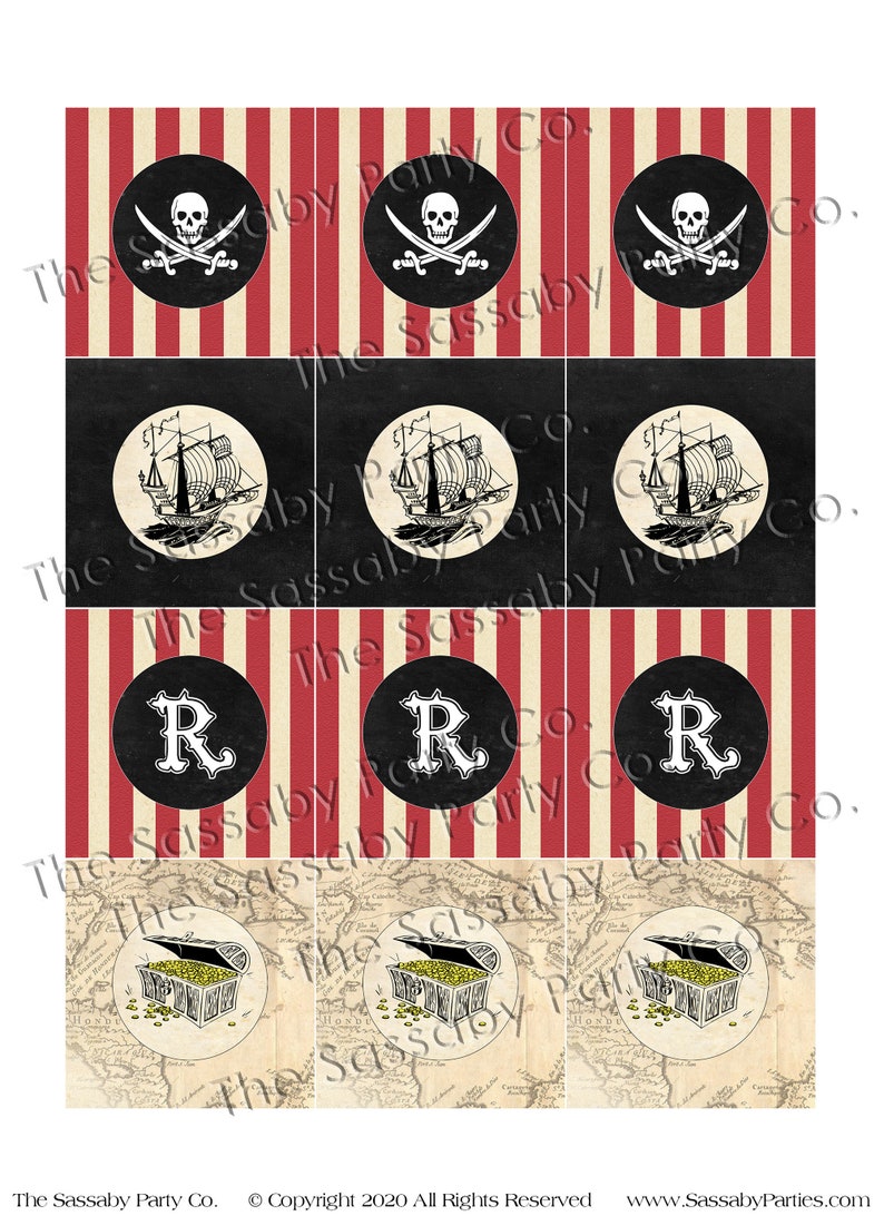 Pirate Cupcake Toppers, Food, Circles, Edit Text, Editable, Jolly Roger, Treasure Chest, Ship, Birthday Party, Decor, Decorations, Printable, Instant Download, Print At Home, Digital Files