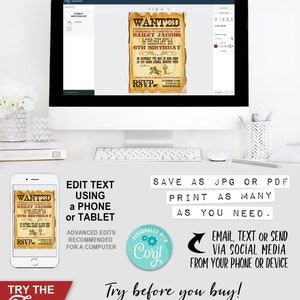 Cowboy, Invitation, Invite, Any Age, Wanted Sign, Poster, Lone Star, Ranger, Texas, Wild West, Edit Text, Editable, Birthday Party, Instant Download, Printable, Print Yourself At Home,