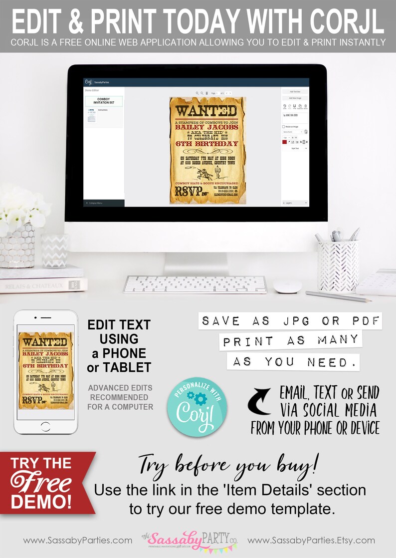 Cowboy, Invitation, Invite, Any Age, Wanted Sign, Poster, Lone Star, Ranger, Texas, Wild West, Edit Text, Editable, Birthday Party, Instant Download, Printable, Print Yourself At Home,