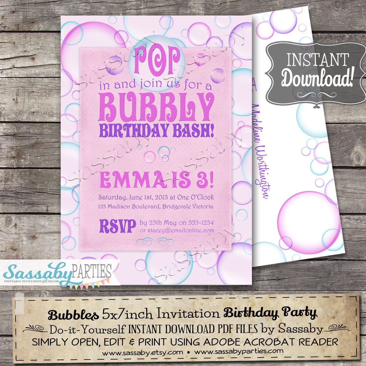 Bubbles Invitation INSTANT DOWNLOAD Editable & Printable