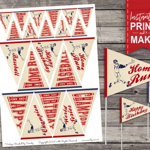 Vintage Baseball BIRTHDAY Mini Pennant Flags - INSTANT DOWNLOAD - Printable Birthday Party Decoration, Cupcake Toppers, Decor, Food Table