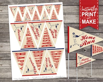 Vintage Baseball BIRTHDAY Mini Pennant Flags - INSTANT DOWNLOAD - Printable Birthday Party Decoration, Cupcake Toppers, Decor, Food Table