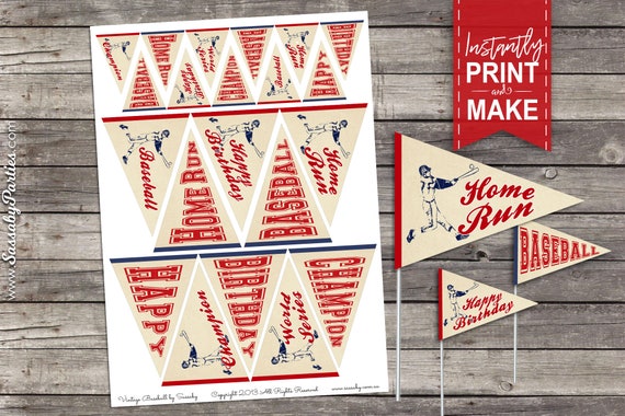 Vintage Baseball Birthday Mini Pennant Flags Instant Download Printable Birthday Party Decoration Cupcake Toppers Decor Food Table By Sassaby Parties Catch My Party