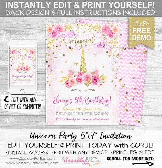 Unicorn Party Invitation - INSTANT DOWNLOAD - Editable & Printable, Girls, Pink Gold, Birthday, Invite, Flowers, Sparkles, Magical, Glitter Il_570xn