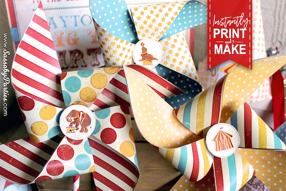 Vintage Circus Pinwheels - INSTANT DOWNLOAD - Printable Aqua Blue Carnival, Party Decor, Carnival Decorations, Big Top Template Print & Make Il_570xn