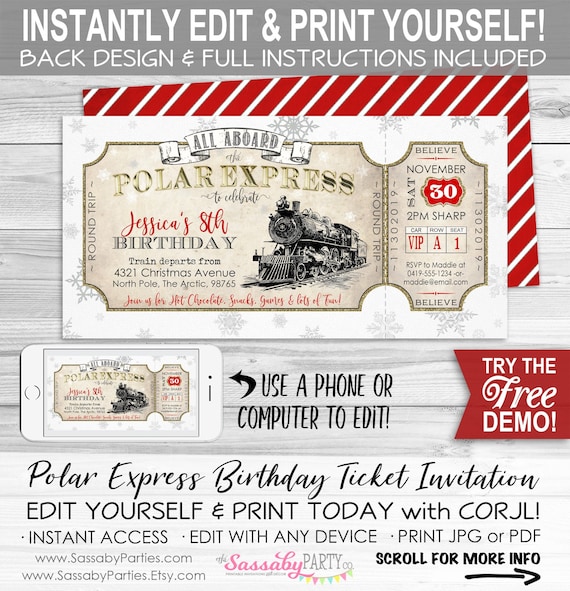 Polar Express Birthday Invitation - INSTANT DOWNLOAD - Partially Editable & Printable Invite, Train, Christmas, Believe, Holiday Party Il_570xn