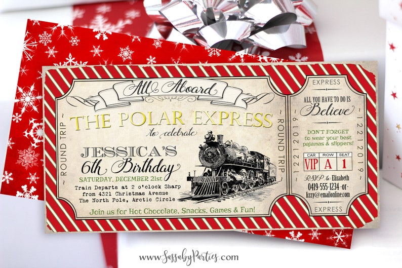 Polar Express Invitation, Ticket Invite, Red, All Aboard, Printable, Print yourself, Birthday Decorations, Christmas, Xmas, Instant Download, Digital File