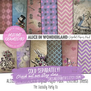 May include: Alice in Wonderland themed digital paper pack with 12x12 inch sheets. The pack includes a variety of patterns, including a checkered pattern, a key pattern, a purple and pink heart pattern, a pink and white chevron pattern, a blue and gray floral pattern, a pink and white heart pattern, and a purple and white chevron pattern. The pack also includes images of Alice, the Mad Hatter, and the White Rabbit.