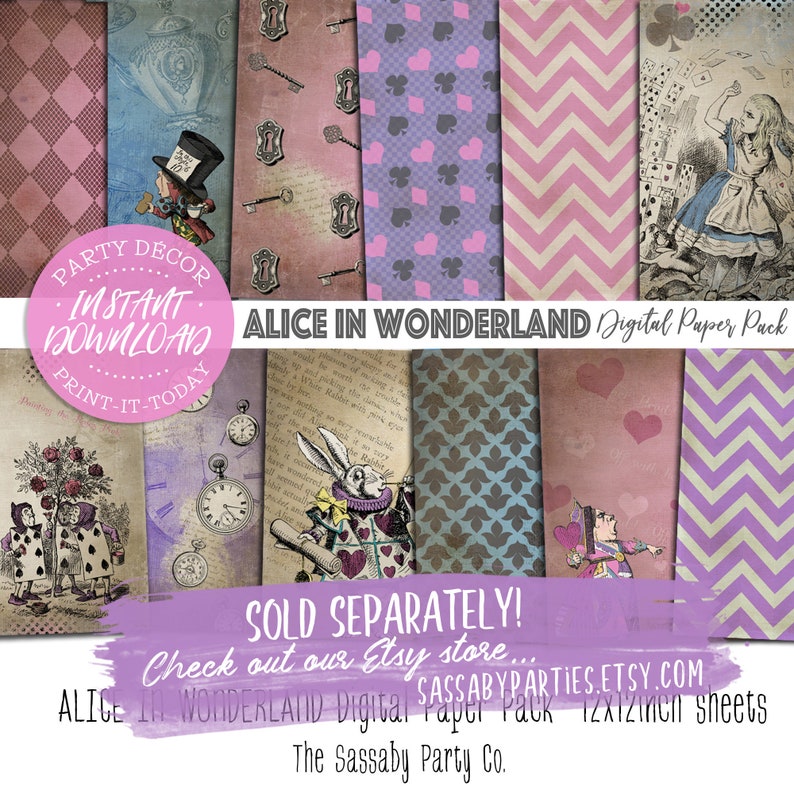 May include: Alice in Wonderland themed digital paper pack with 12x12 inch sheets. The pack includes a variety of patterns, including a checkered pattern, a key pattern, a purple and pink heart pattern, a pink and white chevron pattern, a blue and gray floral pattern, a pink and white heart pattern, and a purple and white chevron pattern. The pack also includes images of Alice, the Mad Hatter, and the White Rabbit.