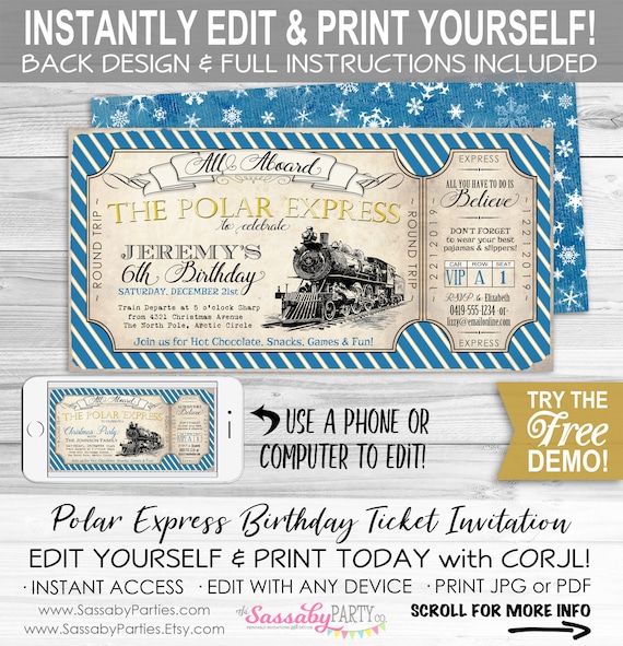 Polar Express Train Ticket Birthday Invitation Digital Download
