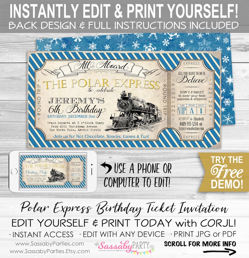 Polar Express Invitation, Ticket Invite, Blue, All Aboard, Printable, Print yourself, Birthday Decorations, Christmas, Xmas, Instant Download, Digital File