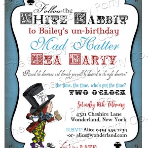 Mad Hatter Tea Party Invitation, Un-Birthday, Alice in Wonderland, Edit Text, Editable, Birthday, Queen of Hearts, White Rabbit, Tea Party, Printable, Print Yourself, Instant Download, Digital Files, Blue